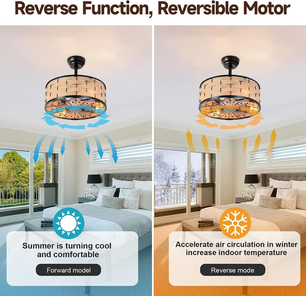 18.9in Boho Fandelier Ceiling Fan with Lights Wicker Chandelier Fan Rattan Caged Ceiling Light with Fans for Kitchen Island Bedroom Dining Room, Remote Control Reversible 6 Speeds E26 Base