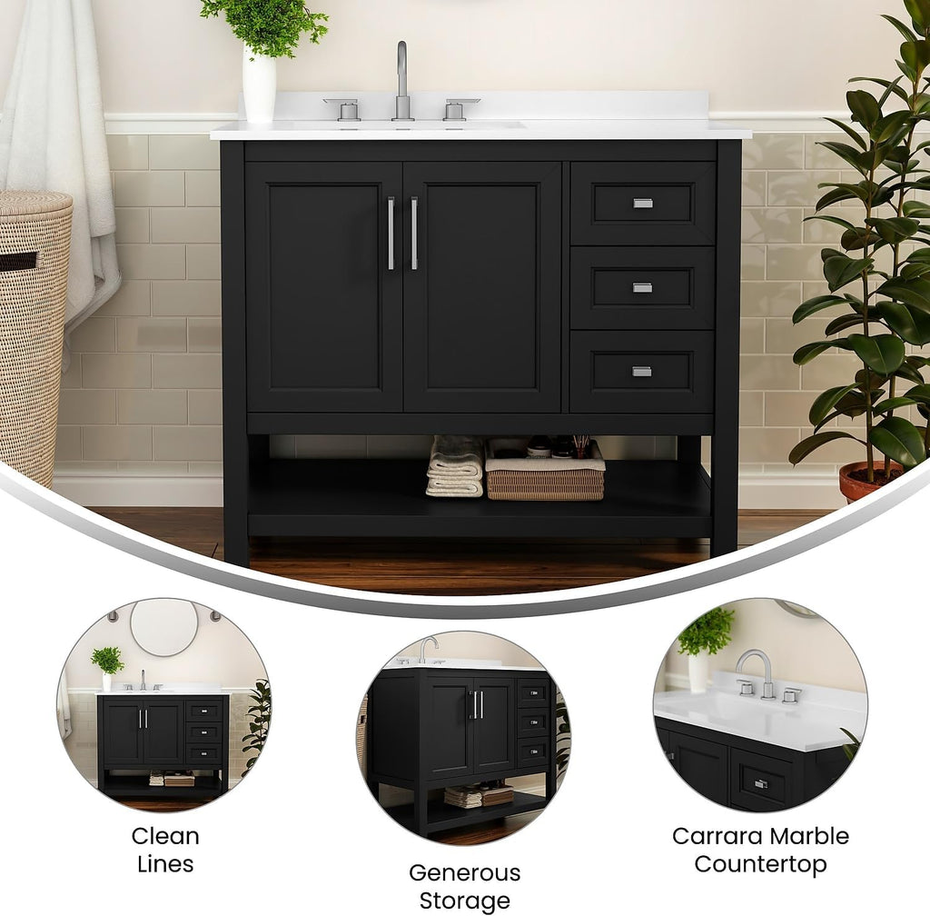 Flash Furniture Vega 42 Inch Bathroom Vanity with Sink, Storage Cabinet with Soft Close Doors, Open Shelf and 3 Drawers, Carrara Marble Finish Countertop, Black