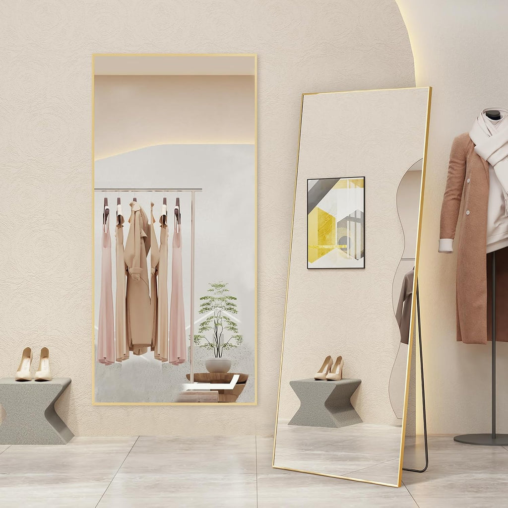 DUMOS 70.4'x25.6' Full Length Mirror with Stand, Floor Body Mirrors Shatter-proorf Nano Glass with Aluminum Frame, Free Standing or Hanging Leaning, Modern Simple for Home Decor, Gold