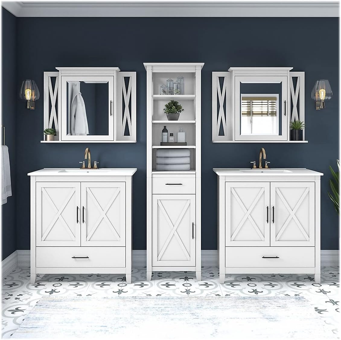 Bush Home Key West 64W Double Vanity Set with Sinks, Medicine Cabinets and Linen Tower in White Ash
