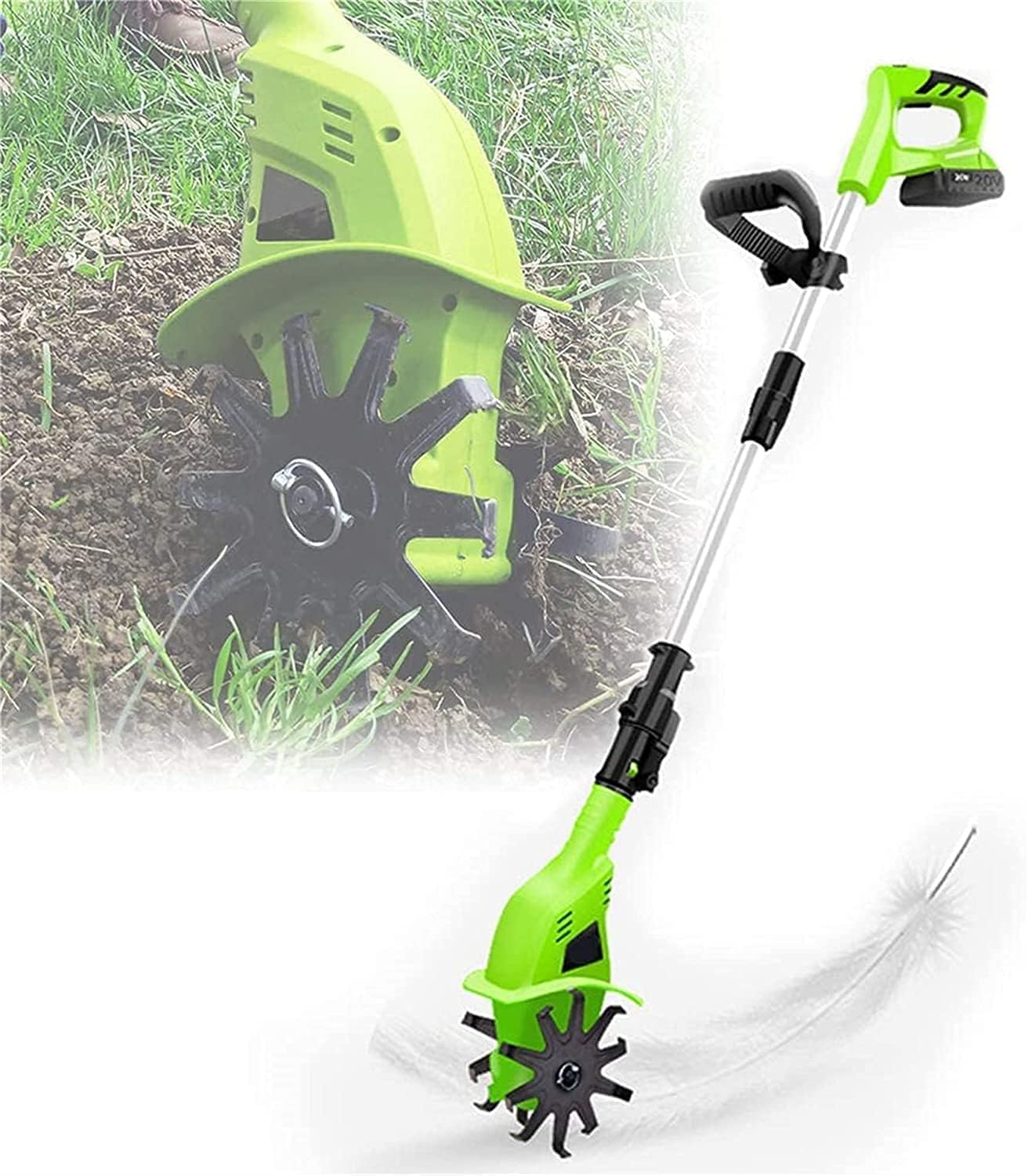 LXXW Electric Tiller 20V Cordless Handheld Electric Rototiller, 97-127Cm Adjustable Handle, Tillage Depth 25cm Electric Cultivator