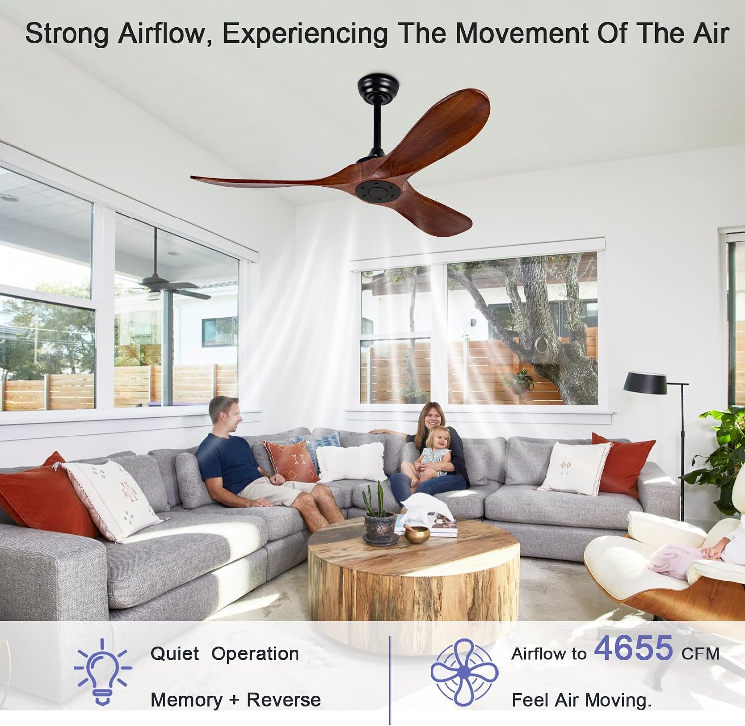 52-inch Ceiling Fan Without Light, with Remote Control, Reversible DC Motor, with 3 Solid Wood Blades, for Patio, Living Room, Bedroom, Farmhouse (Black + Walnut)