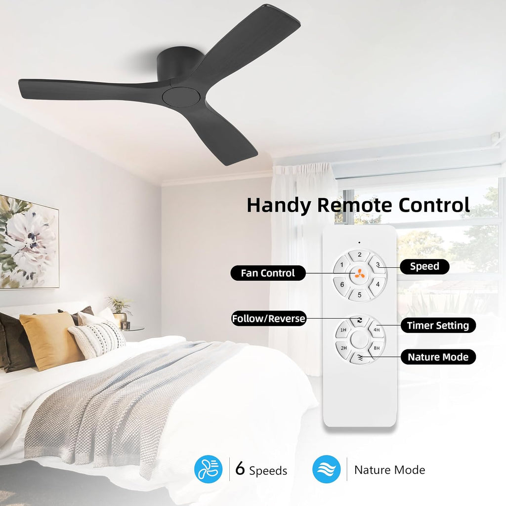 WINGBO 48 Inch Flush Mount DC Ceiling Fan without Lights, 3 Carved Wood Blades, 6-Speed Noiseless Reversible DC Motor, Hugger Ceiling Fan No Lights in Black Finish, ETL Listed