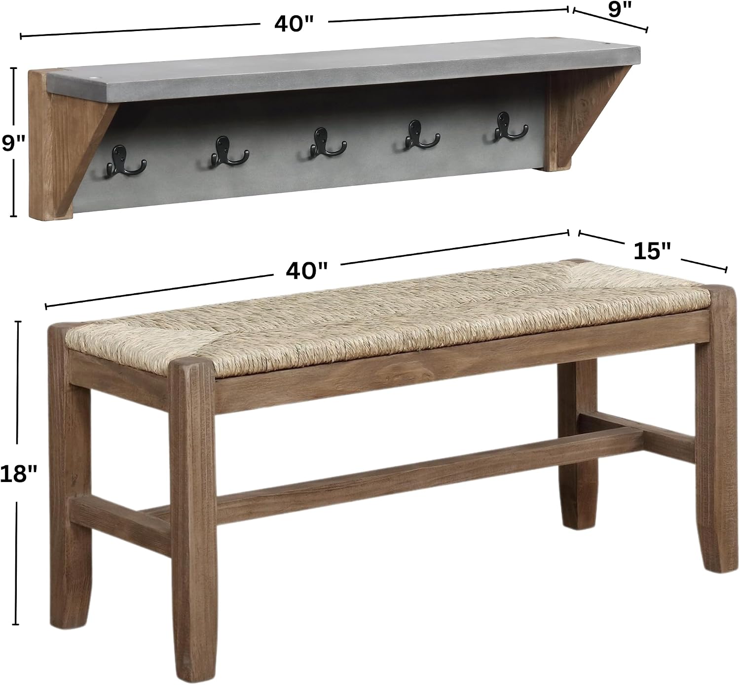 Alaterre Furniture Newport 40' Coat Hook with Shelf and Rush Bench Set