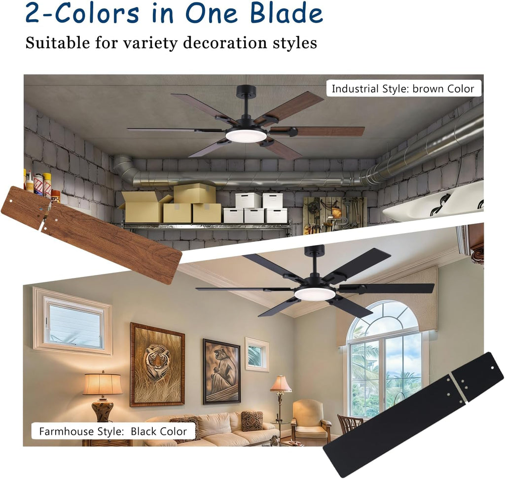 FUMLTP 66 inch Large Ceiling Fans with Lights，Brown Low Profile Ceiling Fan with light and Remote Control，3 CCT Dimmable，Quiet DC Motor，Indoor/Outdoor Ceiling Fan for Bedroom Living Room Patio,Porch.