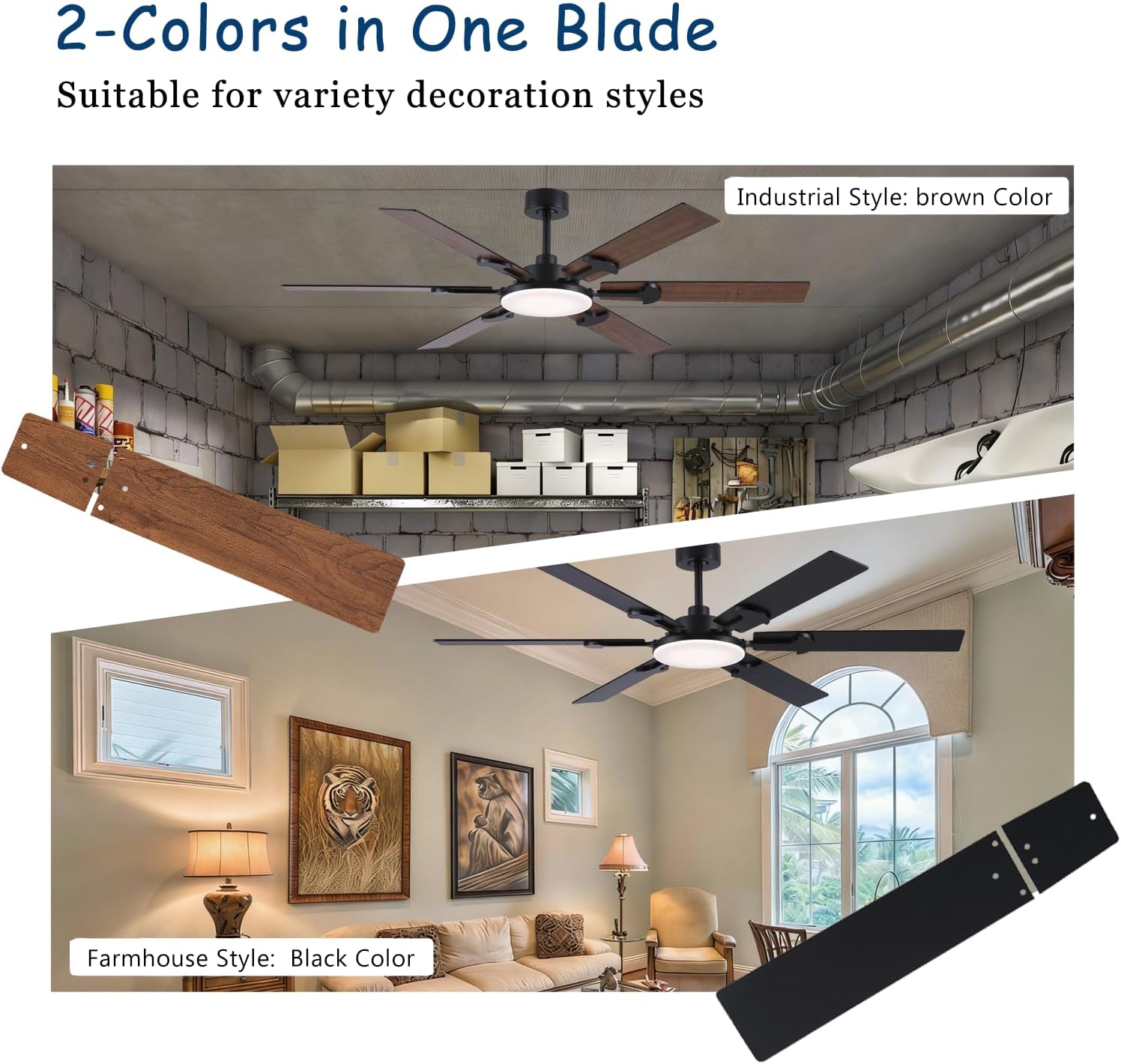 FUMLTP 66 inch Large Ceiling Fans with Lights，Brown Low Profile Ceiling Fan with light and Remote Control，3 CCT Dimmable，Quiet DC Motor，Indoor/Outdoor Ceiling Fan for Bedroom Living Room Patio,Porch.