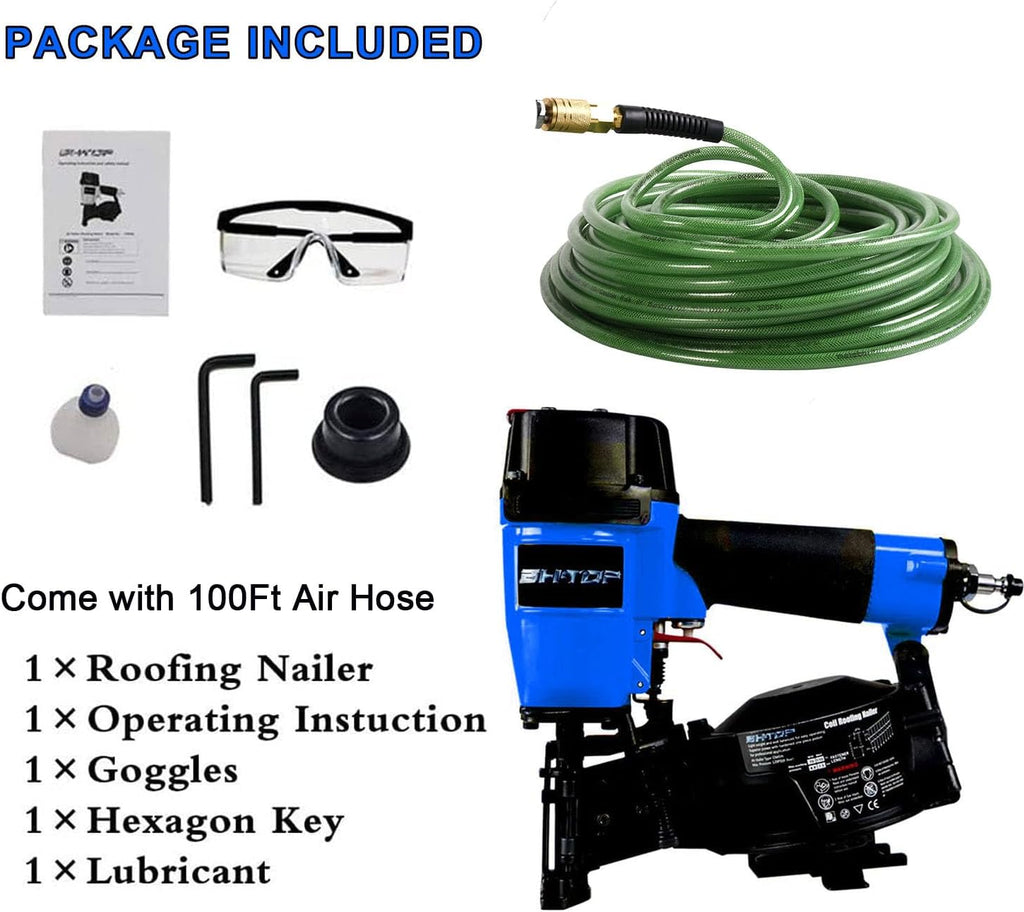 CN45N Roofing Nailer with 100Ft Air Hose, 15 Degree Roofing Nail Gun, 3/4-Inch to 1-3/4-Inch Coil Nails, 120-pcs Load Capacity Coil Nailer in Blue