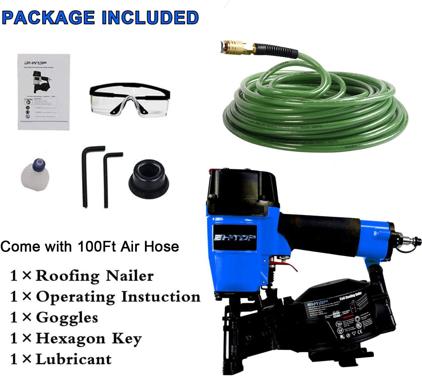 CN45N Roofing Nailer with 100Ft Air Hose, 15 Degree Roofing Nail Gun, 3/4-Inch to 1-3/4-Inch Coil Nails, 120-pcs Load Capacity Coil Nailer in Blue