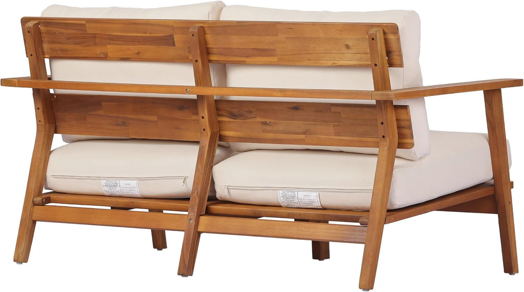 Christopher Knight Home Colmar 2 Pieces Conversation Set, Mid Century Patio Loveseat Sofa and Coffee Table, Outdoor Acacia Wood Loveseat and Table Set with Cushions in Slats Panels Design, Teak+ Beige