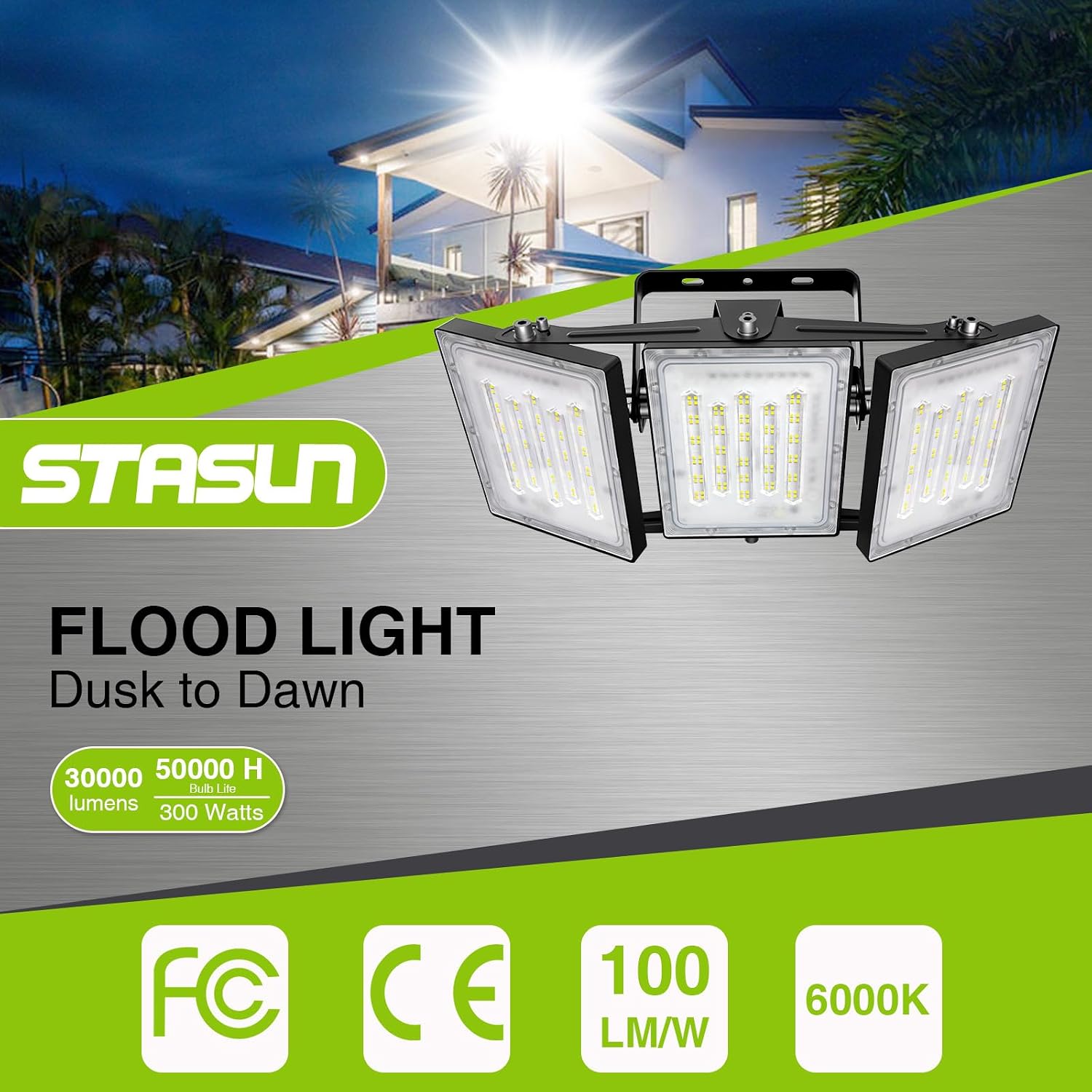 STASUN Flying Series Max - 300W 30,000LM Dusk to Dawn LED Flood Light with Photocell Sensor, 6000K Super Bright, IP66 Waterproof Floodlight for Backyard, Sport Courts, Stadium, Arena, Commercial