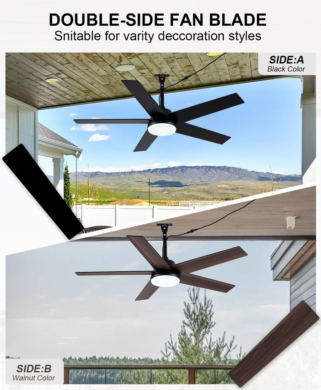 42'' Walnut Waterproof Gazebo Fans with Lights Remote App Control,IP65,6 Speed Reversible 3-Blade Plug-in Outdoor Hanging Fan for Indoor,Patios,Pergola,Garage,Deck,Coastal