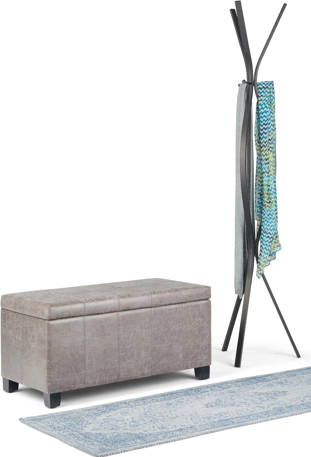 SIMPLIHOME Dover Storage Ottoman Bench - 36 inch Wide Upholstered Vegan Leather Rectangular Lift-Top Ottoman in Distressed Grey Taupe, Contemporary Bench for Living Room with Safety Hinges