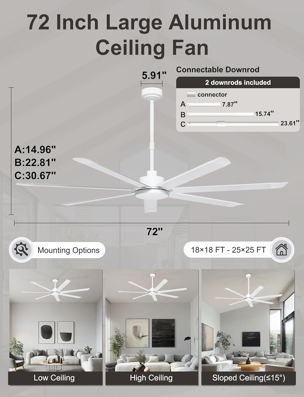 Ohniyou 72'' Large Ceiling Fan with Lights, High CFM Industrial Ceiling Fan with Remote/APP, 7 Aluminum Blades, Dimmable, for Outdoor Patio, Shop, Garage, White