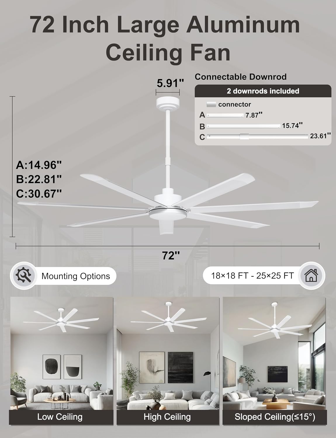 Ohniyou 72'' Large Ceiling Fan with Lights, High CFM Industrial Ceiling Fan with Remote/APP, 7 Aluminum Blades, Dimmable, for Outdoor Patio, Shop, Garage, White