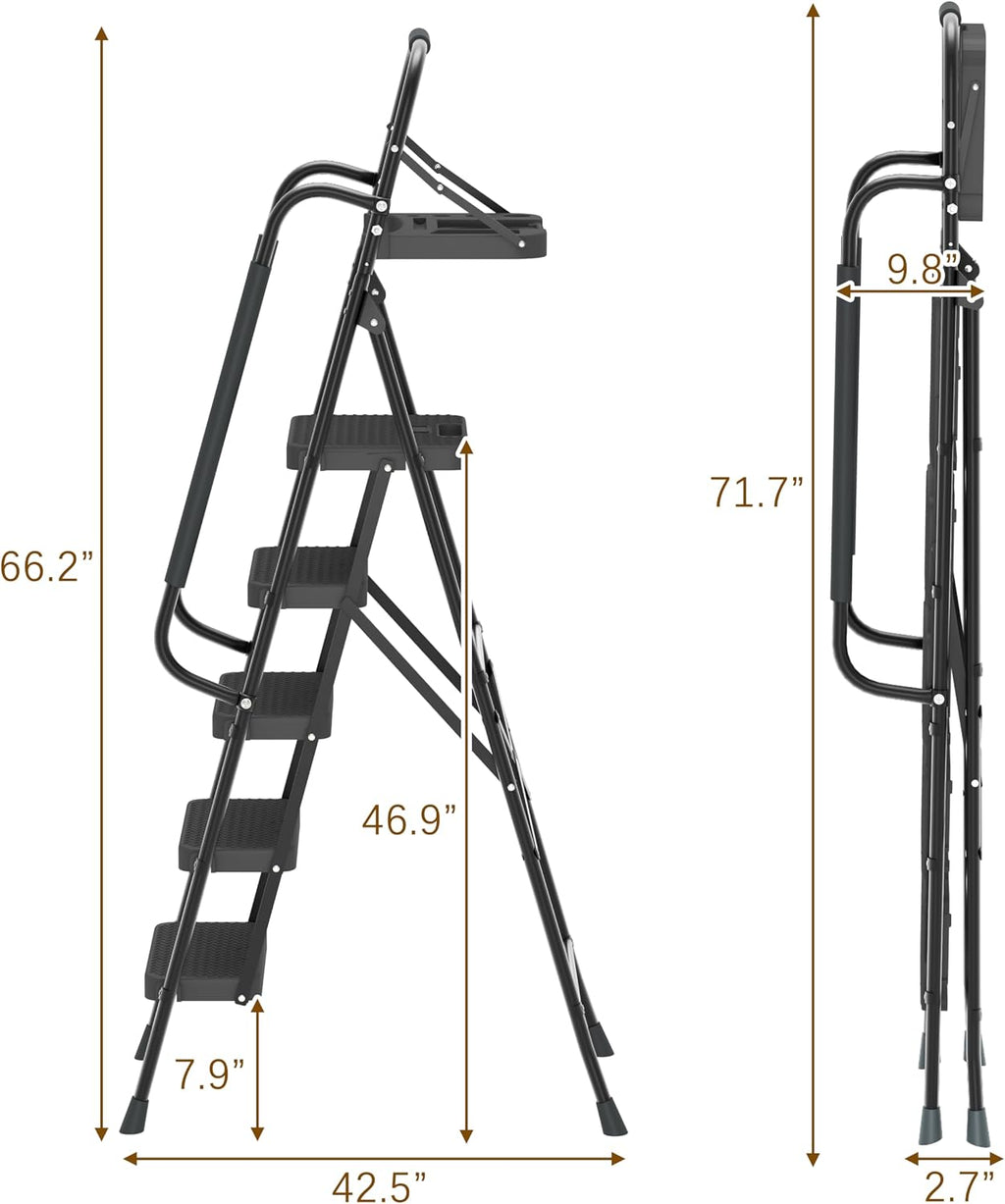 WiberWi 5 Step Ladder with Handrails Folding Step Stool with Tool Plateform, 330 lb Capacity Step Stools for Adults Portable Ladder for Home Kitchen Steel Frame with Non-Slip Wide Pedal