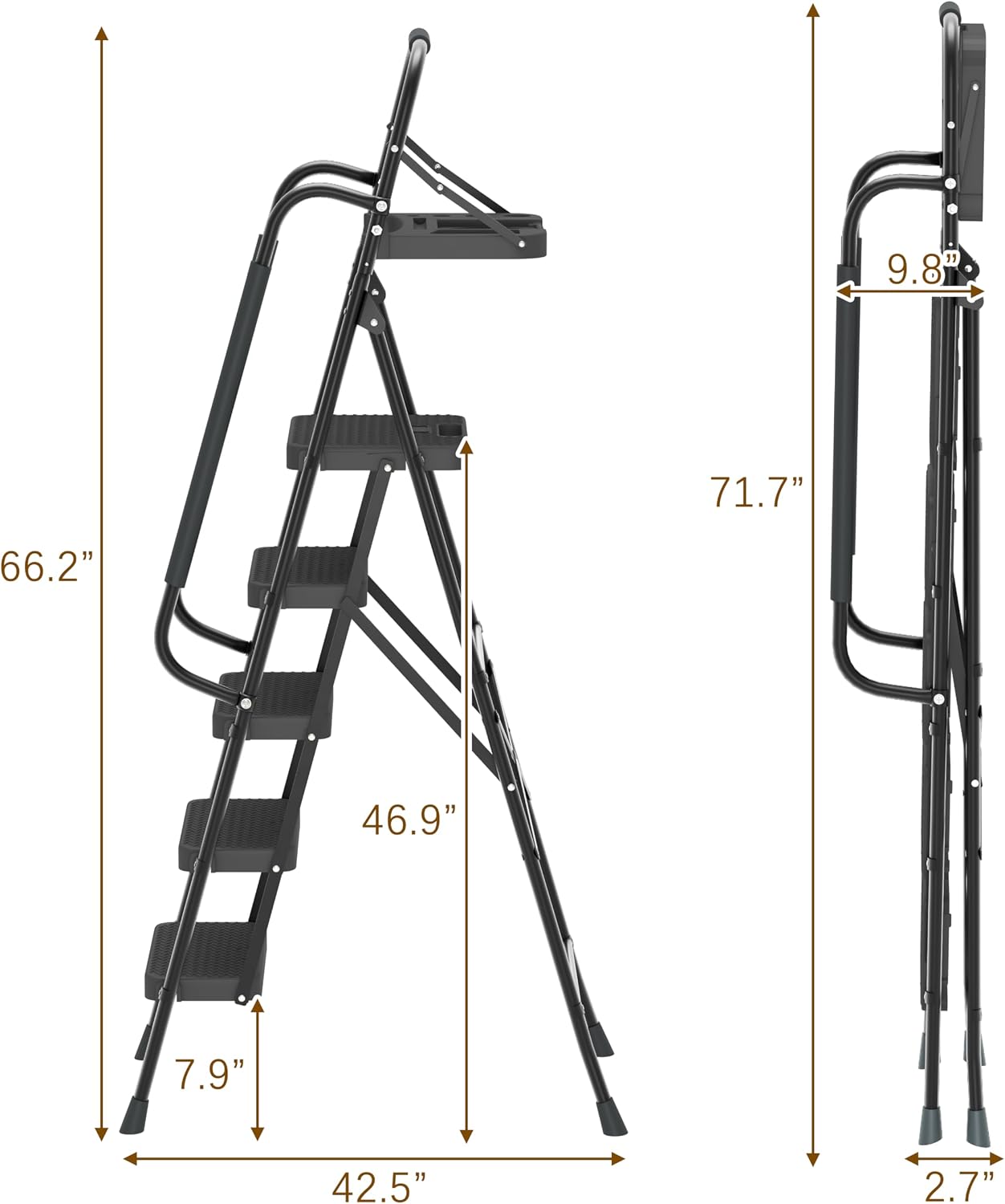 WiberWi 5 Step Ladder with Handrails Folding Step Stool with Tool Plateform, 330 lb Capacity Step Stools for Adults Portable Ladder for Home Kitchen Steel Frame with Non-Slip Wide Pedal