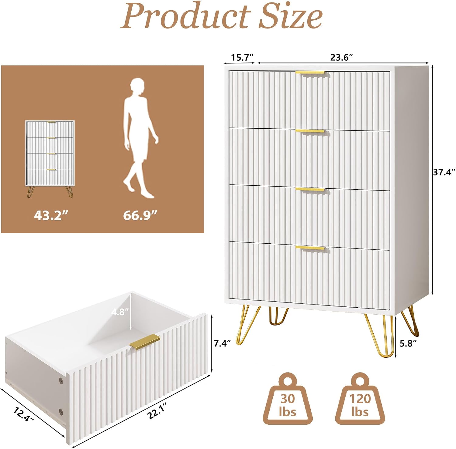 MAISONARIA White Dresser for Bedroom, Modern Dresser with Gold Metal Handles & Chests of Drawers