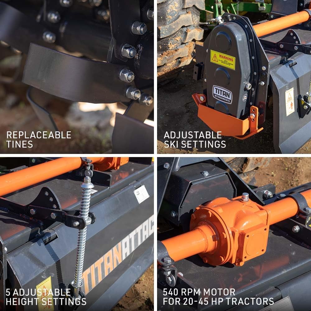Titan Attachments 3 Point 48' Rotary Tiller Attachment Fits Cat 1 Tractors, Charcoal Finish, Single Speed PTO Driven Cultivator with a 540 RPM Gearbox, Replaceable L-Shaped Tines Work 5' Deep