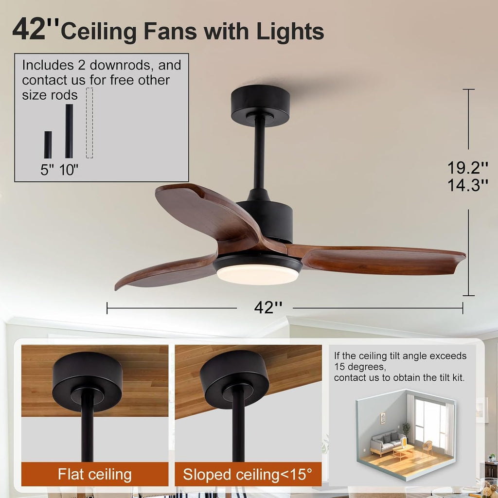 KBZZ 42 Inch Wood Ceiling Fans with Lights, Remote Control, Dimmable, Reversible DC Motor, Memory Function, Modern Outdoor Ceiling Fan with Light for Patio Porch (Black Walnut)