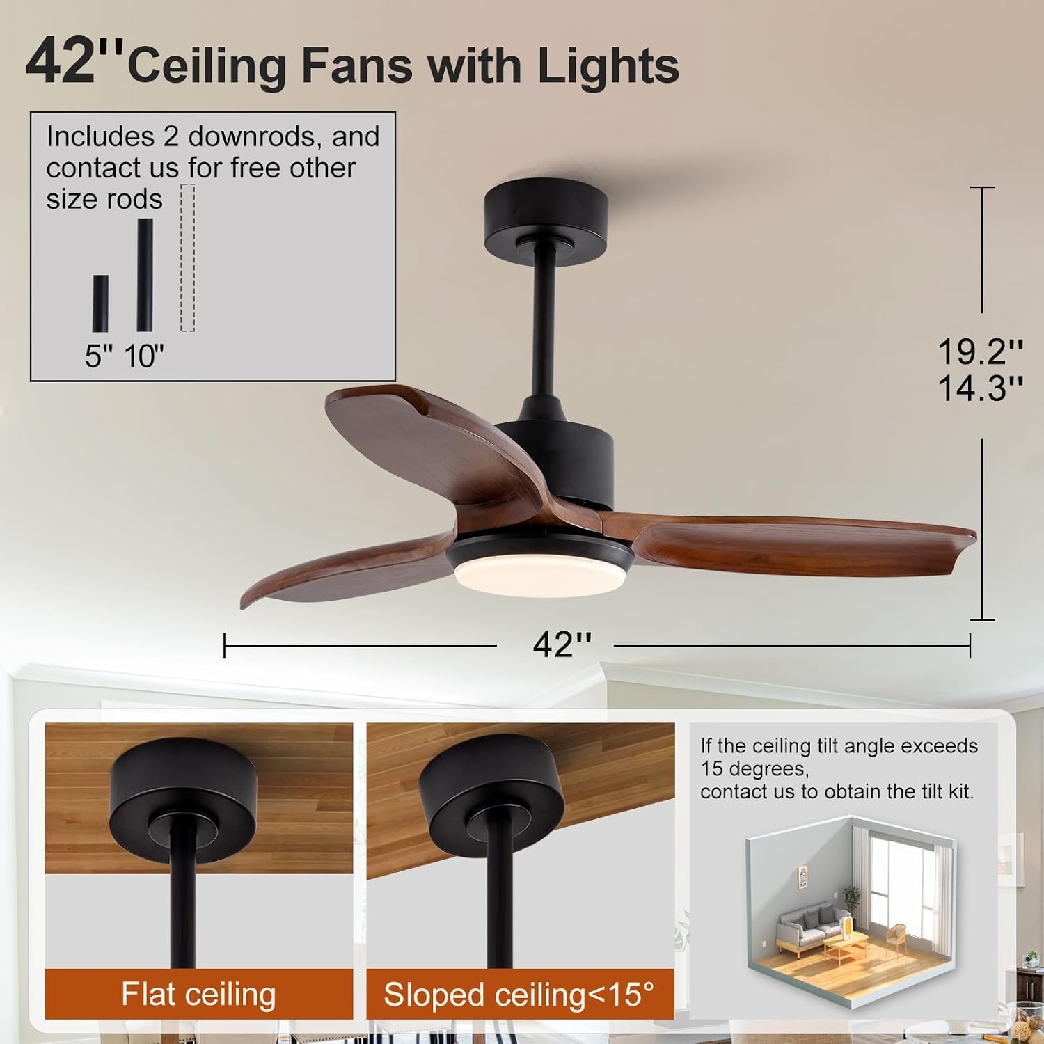 KBZZ 42 Inch Wood Ceiling Fans with Lights, Remote Control, Dimmable, Reversible DC Motor, Memory Function, Modern Outdoor Ceiling Fan with Light for Patio Porch (Black Walnut)