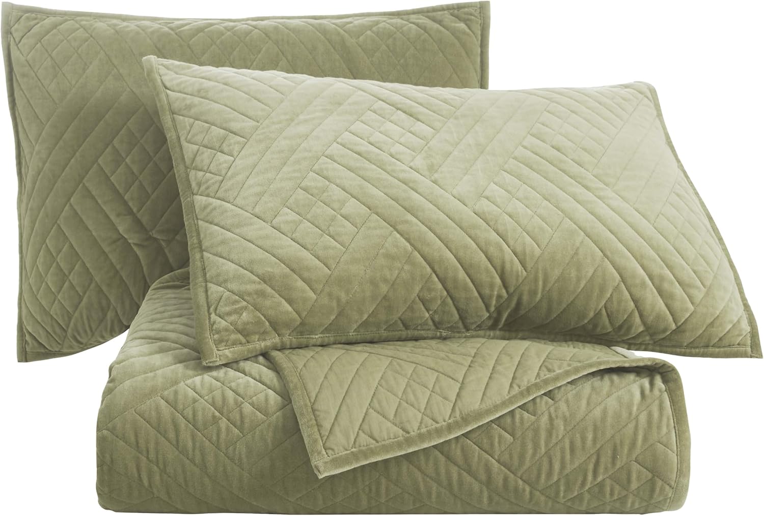 Superior 100% Cotton Velvet 3-Piece Quilt Set, 1 Lightweight Breathable Coverlet, 2 Pillow Shams, Comfy Home Essential Bedding, Cotton Fill, Geometric Aesthetic, Karina Collection, King Size, Sage