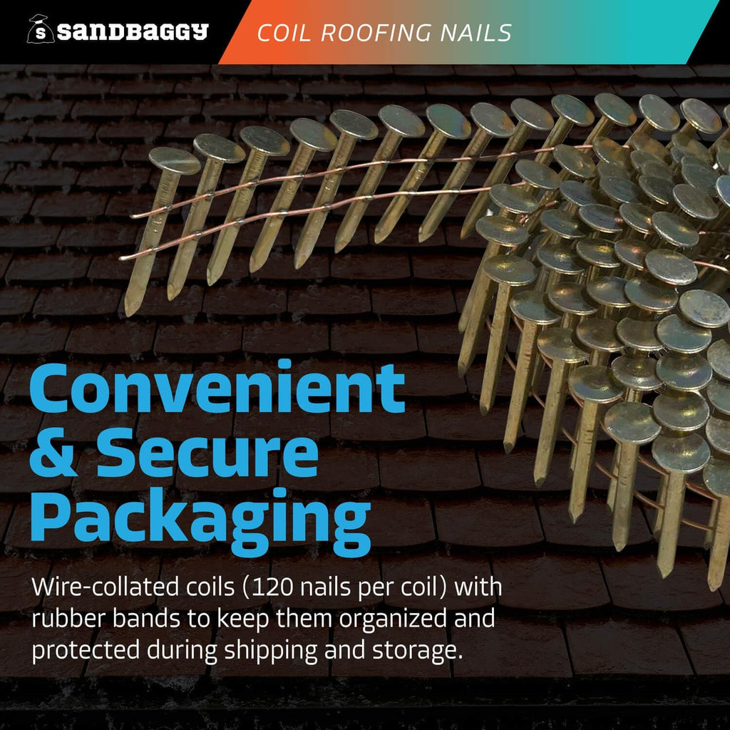Sandbaggy 1-1/4' Coil Roofing Nails For Shingles - 15 Degree - Galvanized - Wire Collated, 11 Gauge - 120 Nails Per Coil (100)