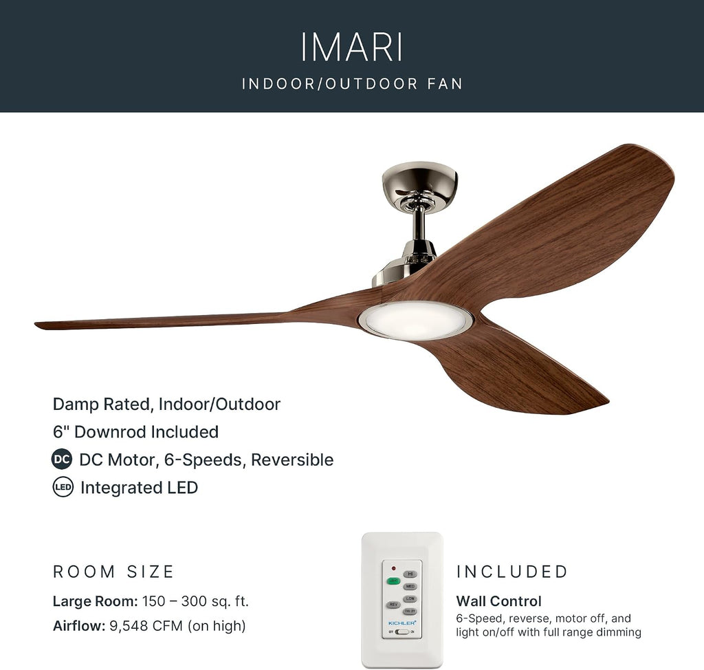 KICHLER 300365PN Protruding Mount, 3 walnut Blades Ceiling fan with 23 watts light, Polished Nickel