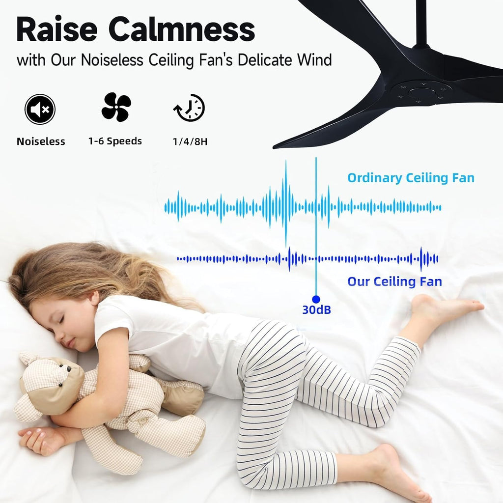 Black Ceiling Fans without Lights, 70'' Modern Solid Wood Ceiling Fan with Remote, Quiet DC Motor, Flush Mount Low Profile Indoor or Covered Patio Ceiling Fan for Bedroom Living Room