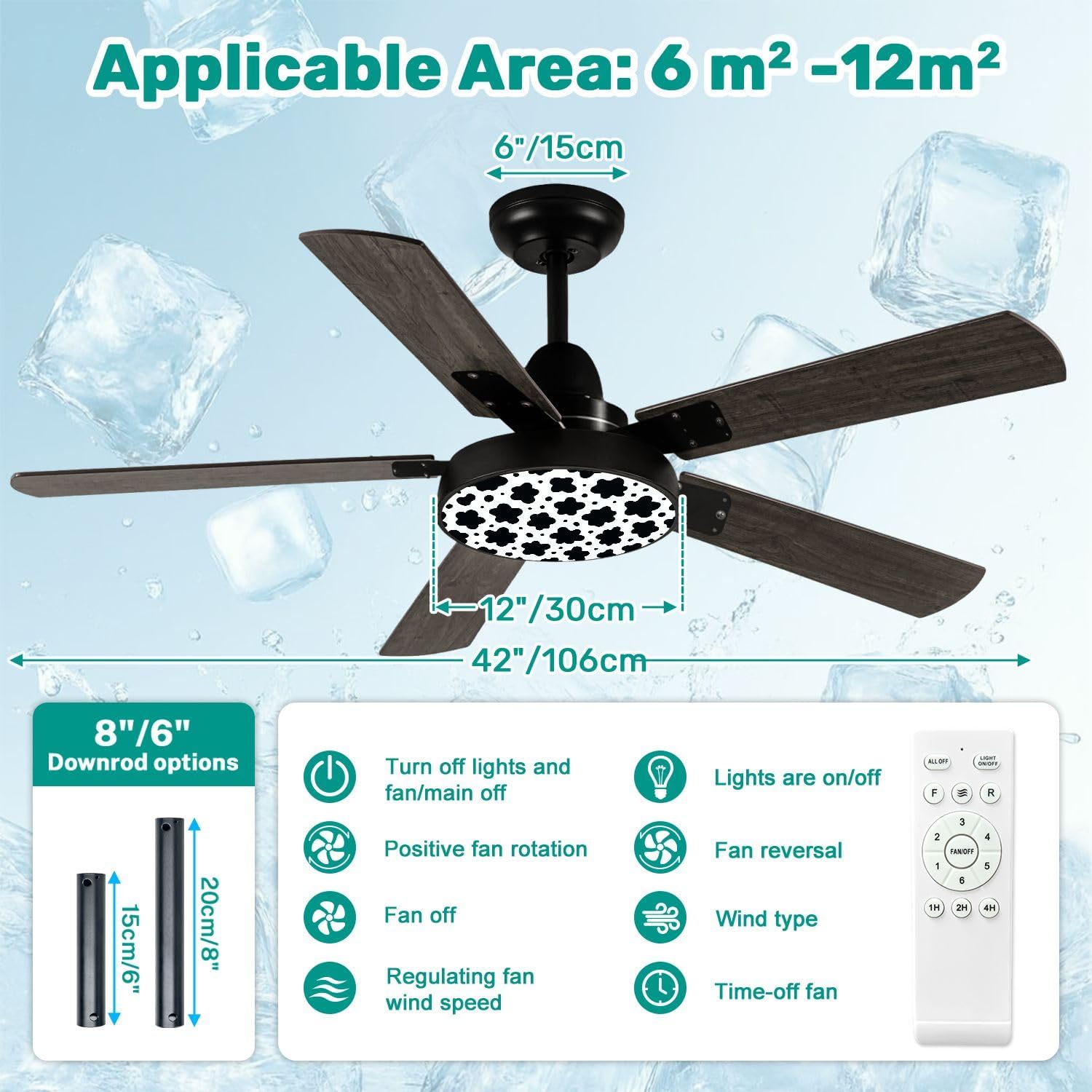 Modern Ceiling Fans with Lights Remote, Black White Cow Print seamless from Country Sunflower Collection 42 Inch Ceiling Fan for Bedroom Living Room Farmhouse, 6 Speed Reversible Quiet Motor