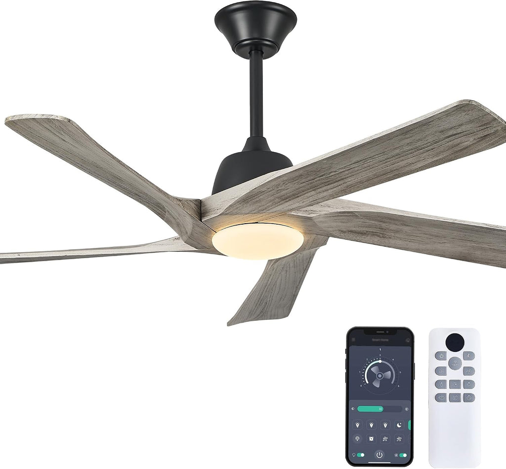 52 Inch Solid Wood Ceiling Fan with Lights, Remote and APP Control, 3-color Dimmable LED, DC Motor, 6-speed Reversible, Modern Ceiling Fans for Bedroom, Living Room, Greywood