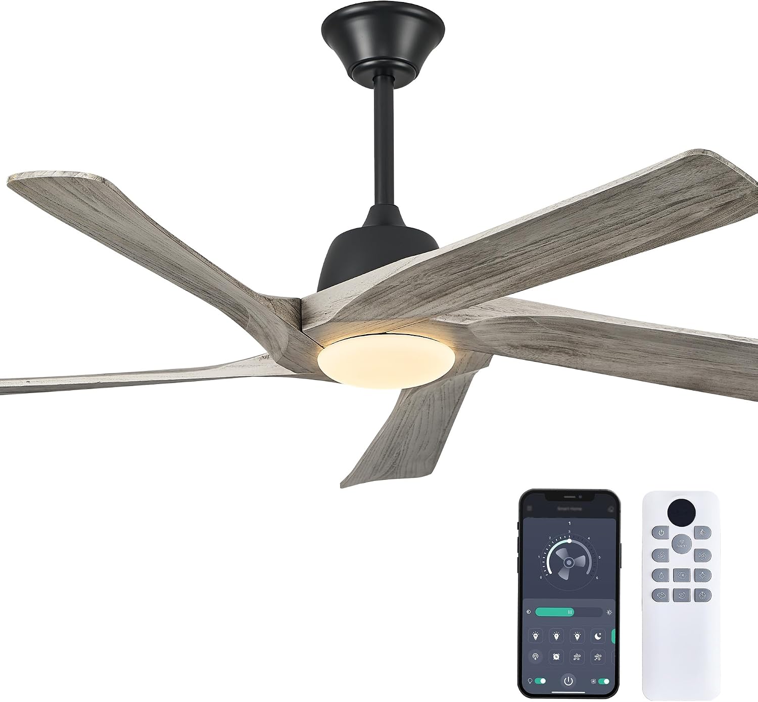 52 Inch Solid Wood Ceiling Fan with Lights, Remote and APP Control, 3-color Dimmable LED, DC Motor, 6-speed Reversible, Modern Ceiling Fans for Bedroom, Living Room, Greywood