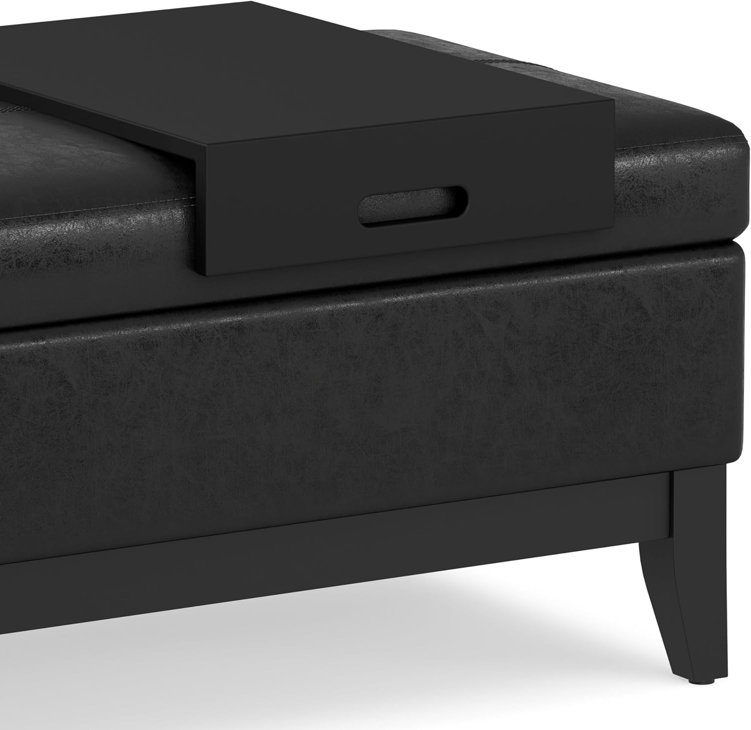SIMPLIHOME Oregon Storage Ottoman Bench with Tray - 42 inch Wide Upholstered Vegan Leather Rectangle Ottoman Bench in Distressed Black, Transitional Tufted Ottoman for Living Room with Lift-Up Lid