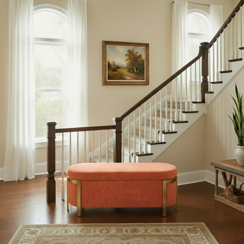 Hyfirm 48' Burnt Orange Storage Ottoman Bench – Oval Upholstered Stool with Gold Legs & Padded Seat, Long Settee for Living Room, Bedroom, End of Bed, Entryway, Hallway