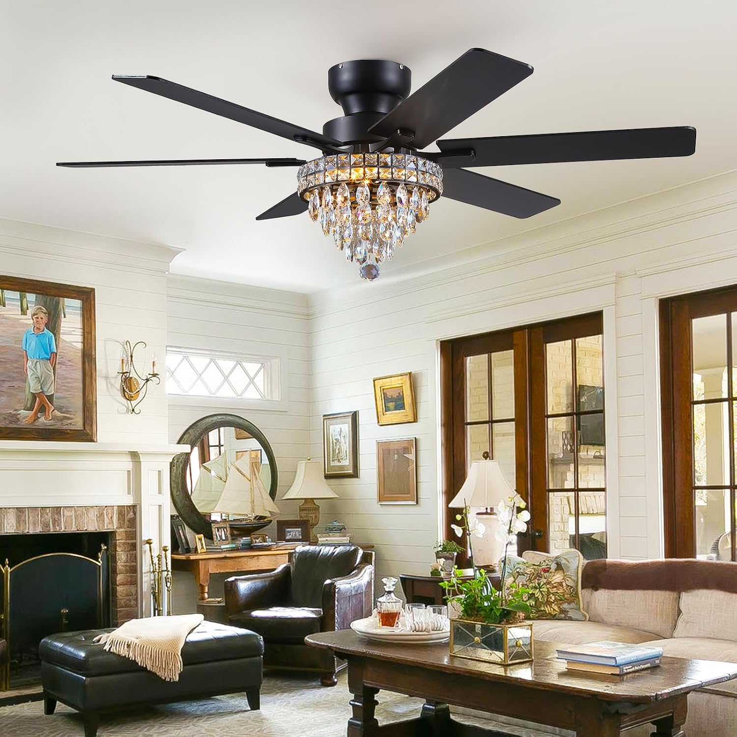 Asyko Chandelier Ceiling Fan -52' Crystal Ceiling Fan- Fandelier Fan Light Black with Remote, Silent Reversible Motor, Dual-Sided 6 Blades, 3 Speed, Timer, Indoor Fan Ceiling