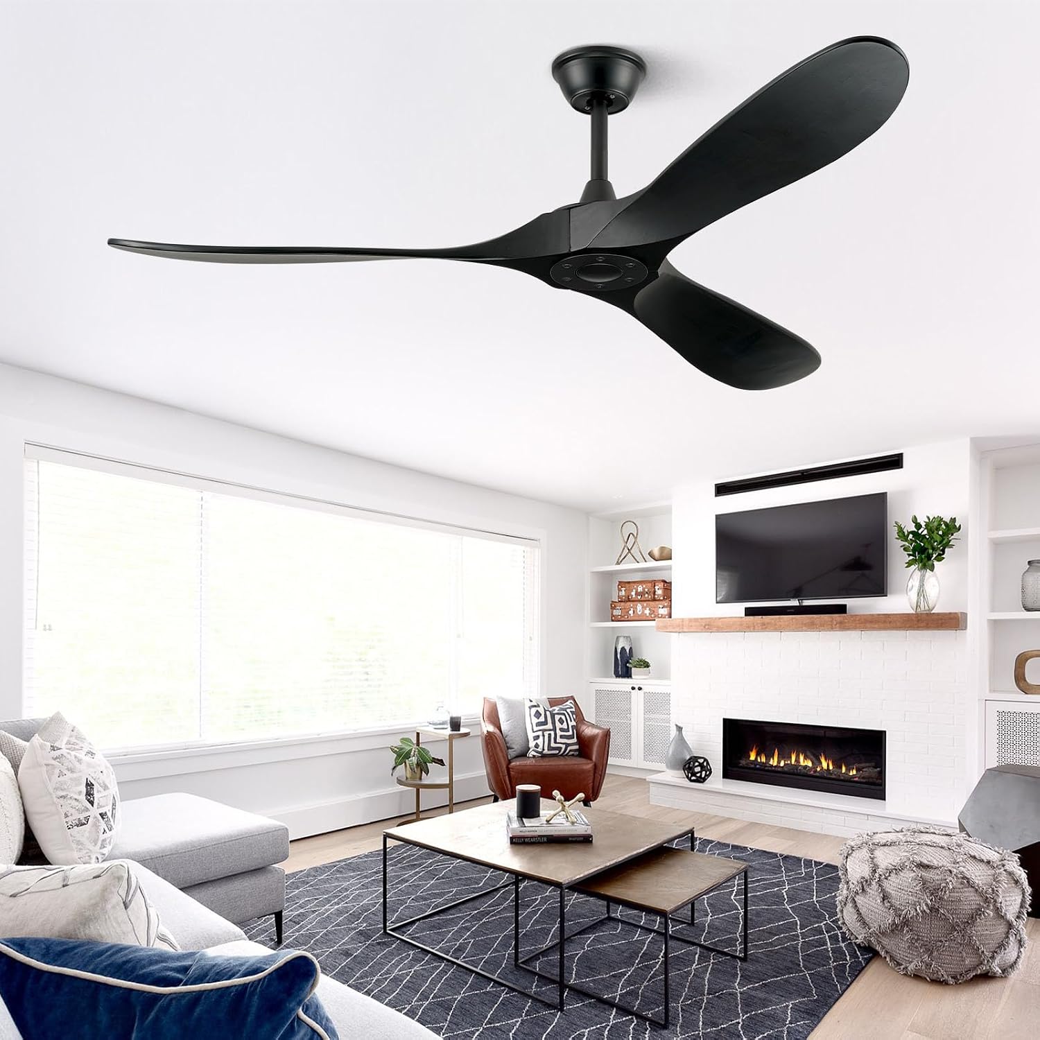 ABZ Ceiling Fans without Lights - 60 Inch Ceiling Fan no Light, Black 3 Blade Solid Wood Indoor Outdoor Ceiling Fan with Remote Control for Patios Living Room Bedroom