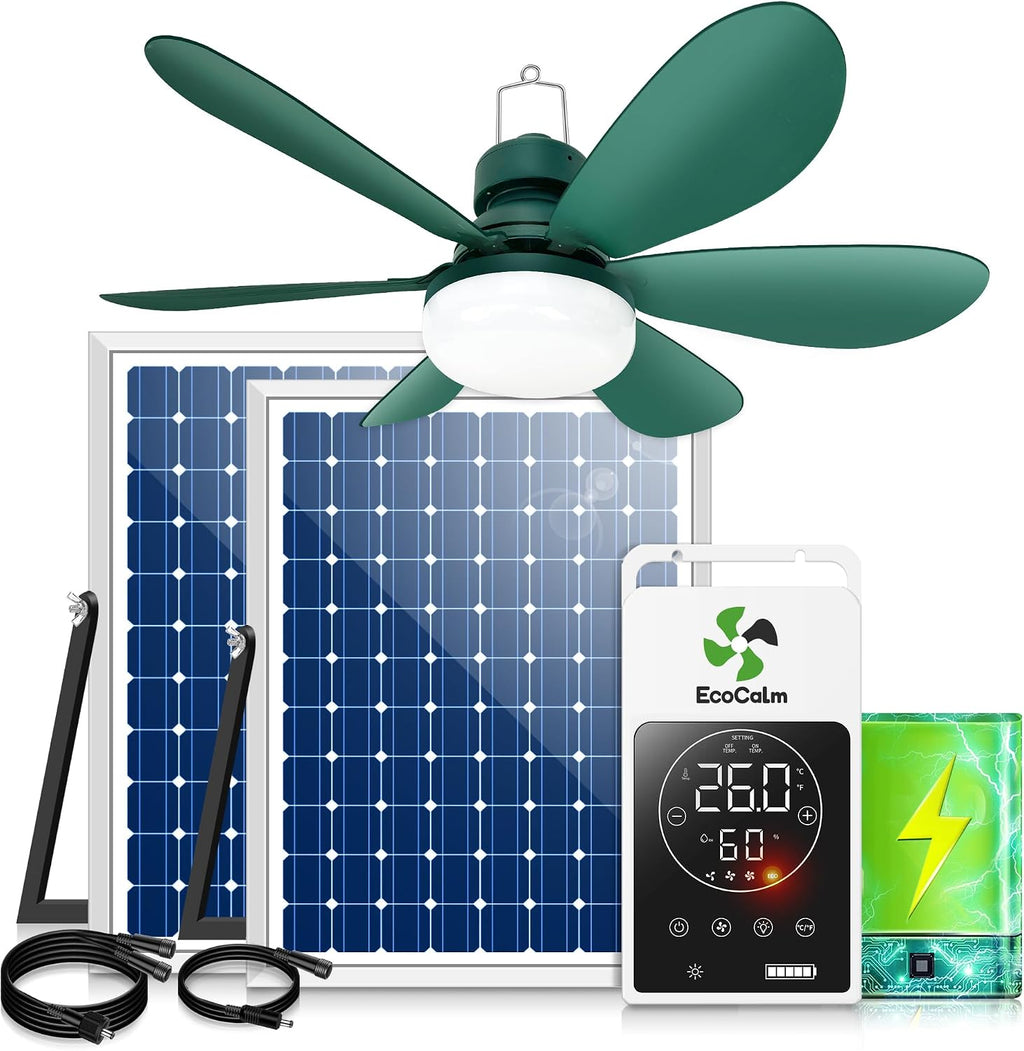 Solar Ceiling Fan Light with Battery and Adjustable Thermostat, 20' Outdoor Ceiling Fans for Gazebo with 2pcs 15W Bifacial Solar Panels, Solar Powered Canopy Fan for Patio, Sunroom, RV(Green)