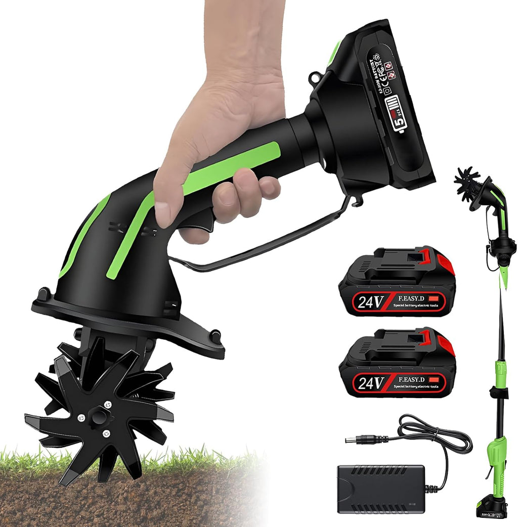 24V Cordless Tiller Cultivator, 2-in-1 Handheld & Extension Rod, 4'' Width & Depth, 235RPM Electric Garden Tiller, 2×1.5Ah Batteries & Charger, Lightweight for Raised Beds & Soil Cultivation