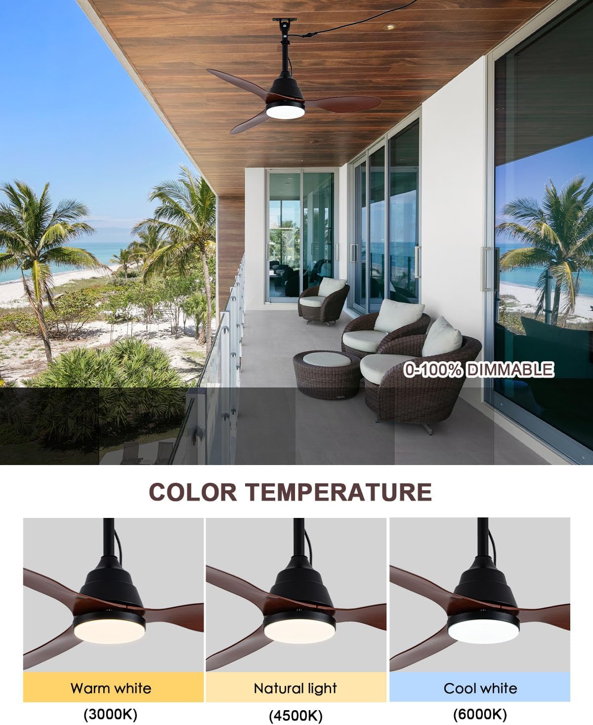 Waterproof Outdoor Ceiling Fan with Lights, IP65 Hanging Gazebo Fan with App/Remote Control, Plug in Ceiling Fan Light for Porch, Patio (Wood)