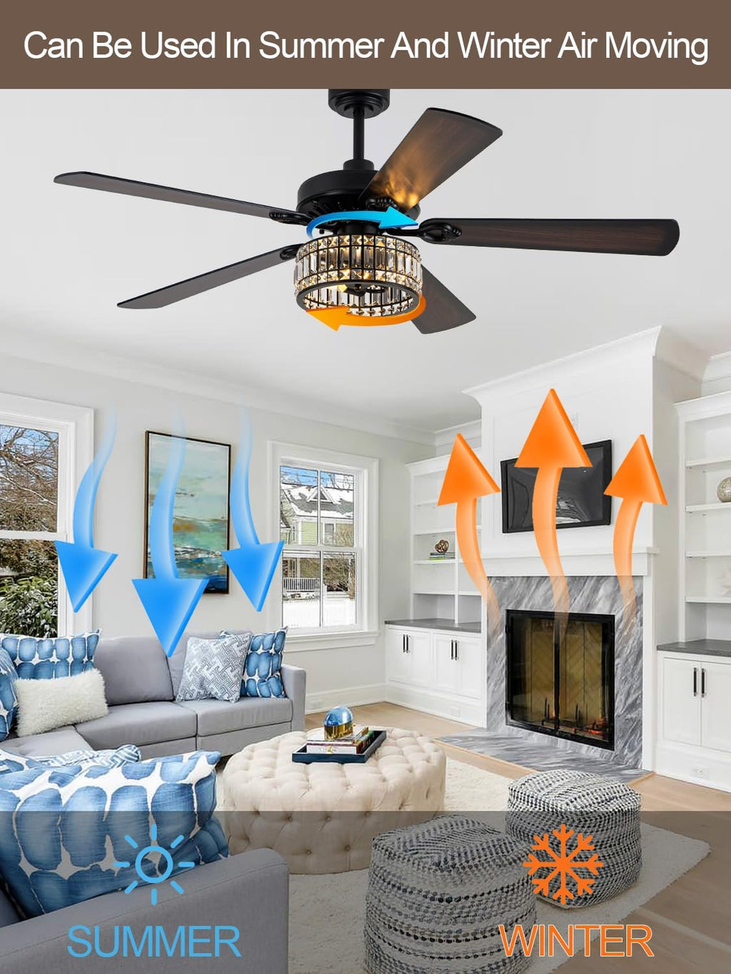 60 Inch Crystal Ceiling Fan with Lights Remote Large Chandelier Ceiling Fan Crystal Caged Fandelier, Indoor Outdoor 5 Dual Blades Reversible Quiet DC Motor 6 Speeds for Living Room Patio