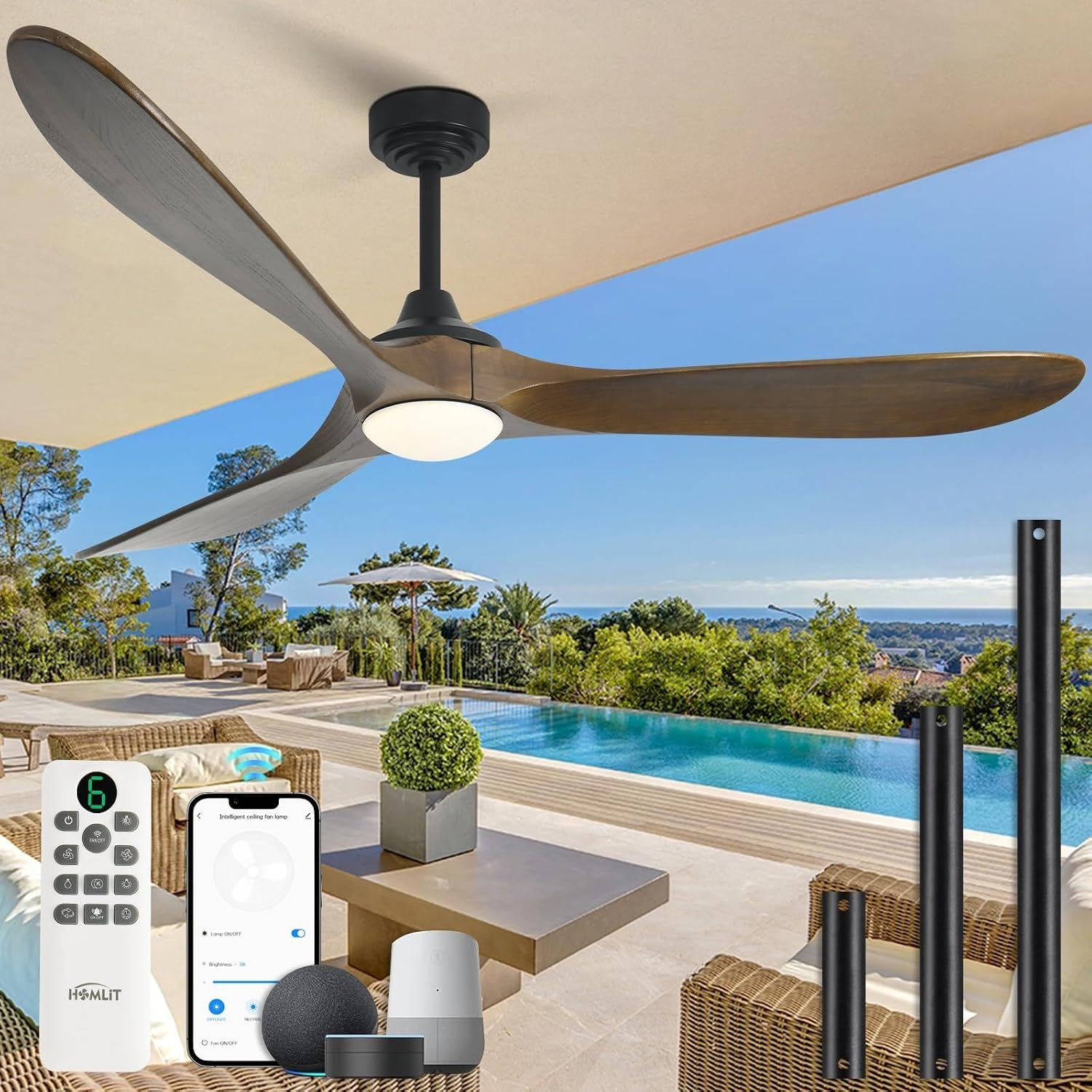 Ceiling Fan with Lights, 72'' Solid Wood Indoor/Outdoor Ceiling Fan with Quiet Reversible DC Motor, Compatible with Alexa/Google/App, 3CCT Dimmable, 6 Speeds Bronze Outdoor Fan for Patio Porch