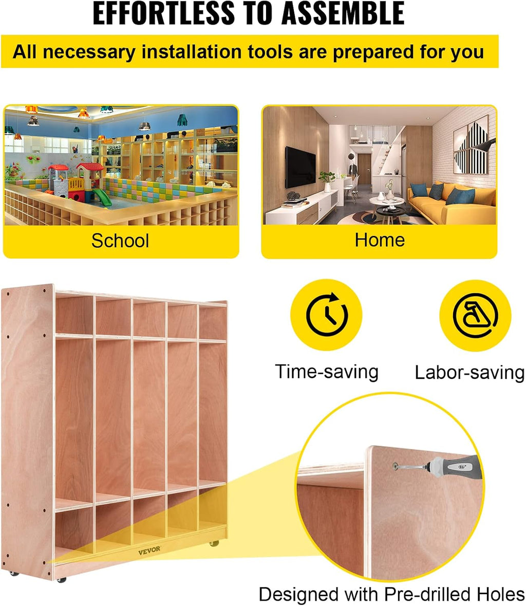 Happybuy 5-Section School Storage Locker, Wooden Storage Cabinet with 4 Casters, Classroom Cubbies for Storage, 15mm Thick Plywood Locker for Home, Office, School,Gym, Kindergarten