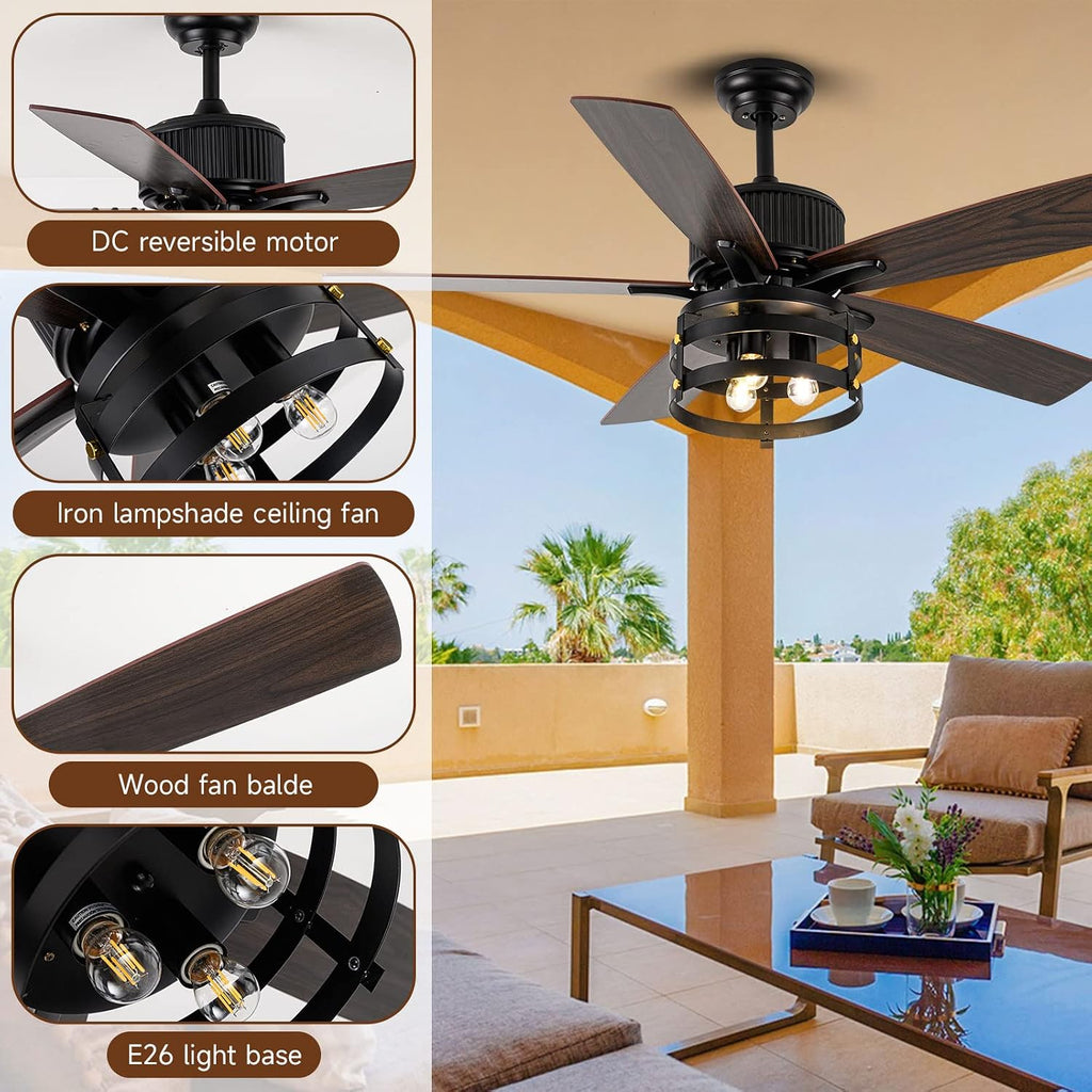 Farmhouse Rustic Ceiling Fans With Lights and Remote, Outdoor Ceiling Fan For Patios With Light, 52 In Flush Mount Ceiling Fan 5 Blade Dual Finish, Reversible DC Quiet Motor for indoor/outdoor