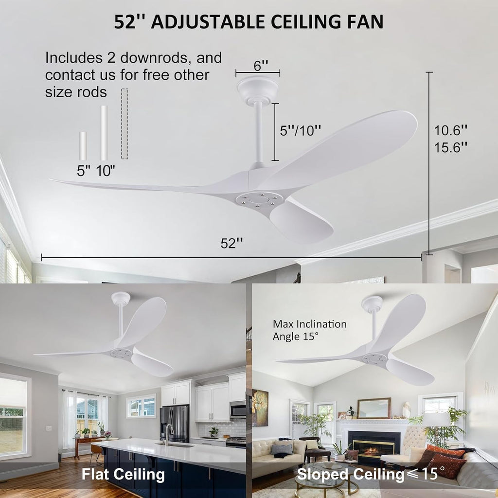 52'' Ceiling Fan without Lights, White Modern 3 Blades Ceiling Fan with Remote Control, 6 Speed Quiet Reversible DC Motor, Indoor Outdoor Ceiling Fan for Bedroom Dining Room Study Patios