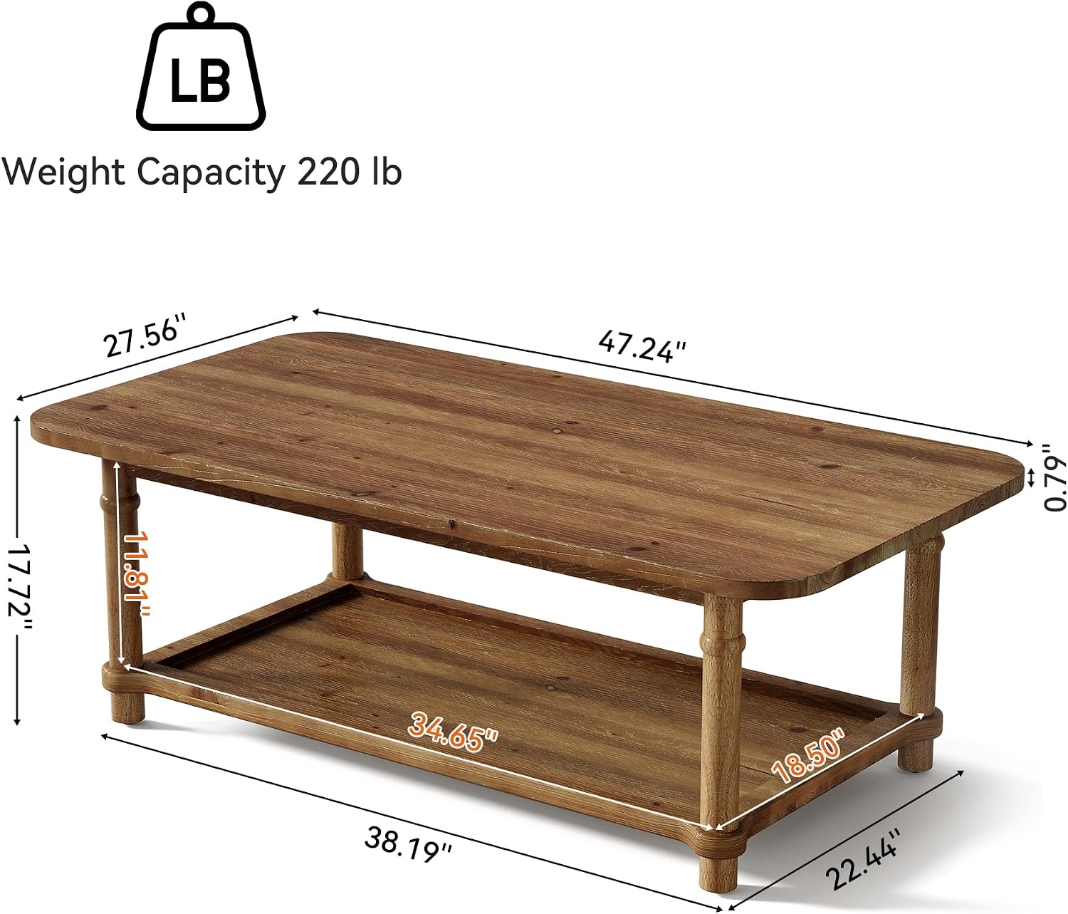 47' Rectangle Coffee Table, Solid Wood Center Table with 2-Tier Storage, Modern Farmhouse Coffee Furniture for Living Room, Home & Family Room, Natural Brown