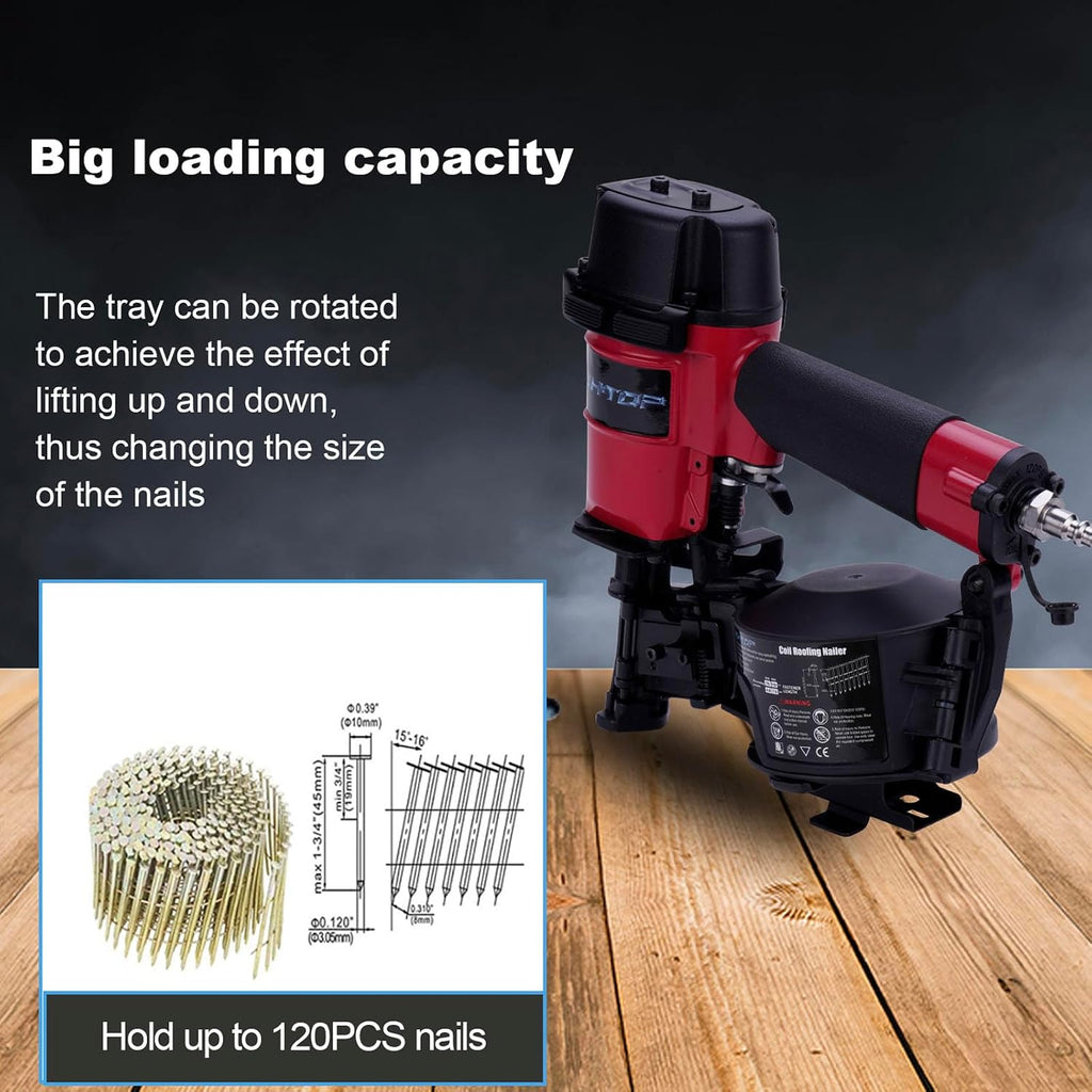 Mexican Red CN45N Roofing Nailer, 15 Degree Roofing Nail Gun, 3/4-Inch to 1-3/4-Inch Coil Nails, 120-pcs Load Capacity Coil Nailer