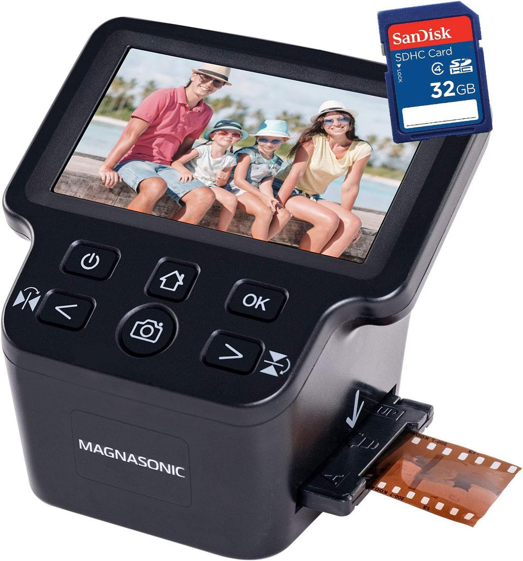 Magnasonic All-in-One 24MP Film Scanner with Large 5' Display & HDMI, Converts 35mm/126/110/Super 8 Film & 135/126/110 Slides into Digital Photos, Built-in Memory with Bonus 32GB SD Card (FS71)