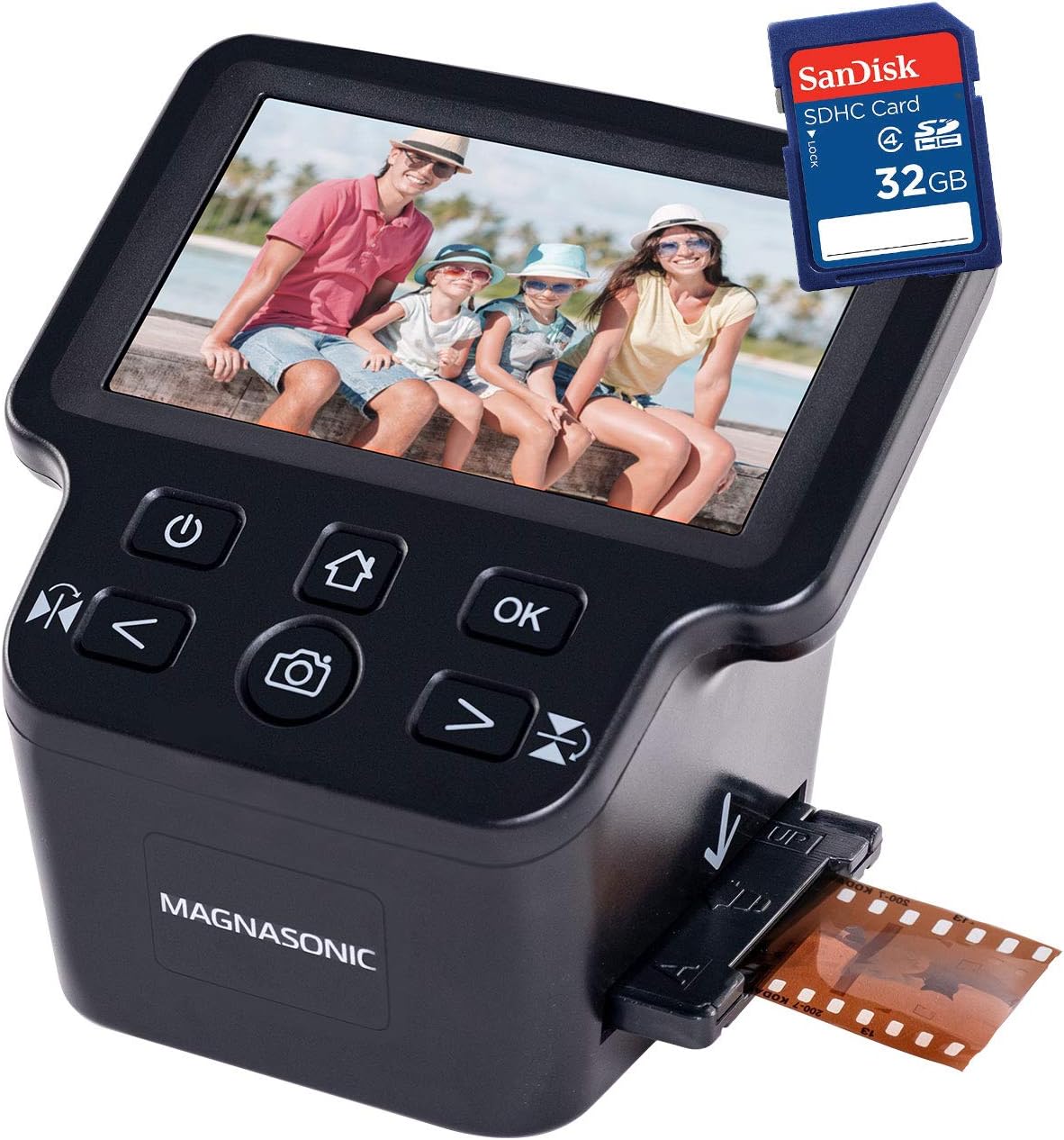 Magnasonic All-in-One 24MP Film Scanner with Large 5' Display & HDMI, Converts 35mm/126/110/Super 8 Film & 135/126/110 Slides into Digital Photos, Built-in Memory with Bonus 32GB SD Card (FS71)
