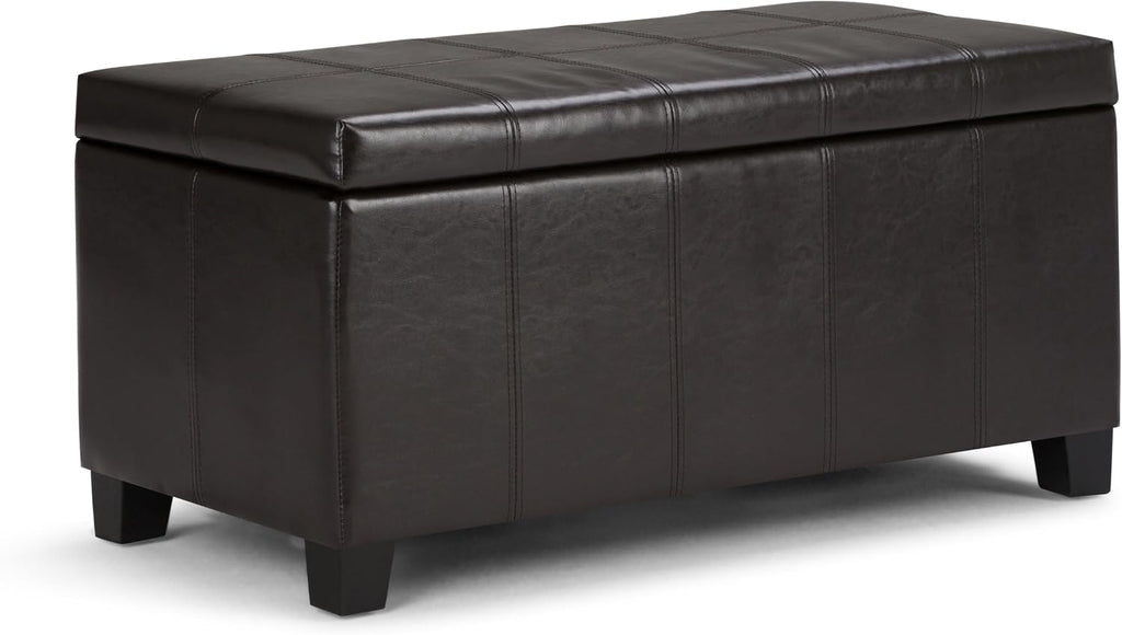 SIMPLIHOME Dover Storage Ottoman Bench - 36 inch Wide Upholstered Vegan Leather Rectangular Lift-Top Ottoman in Tanners Brown, Contemporary Bench for Living Room with Safety Hinges