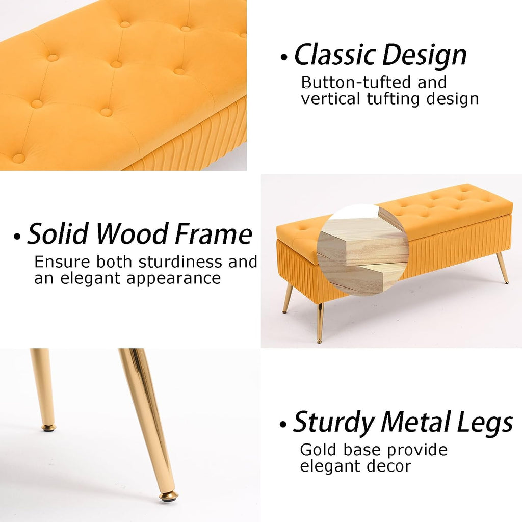 Velvet Storage Bench for Bedroom, Upholstered End of Bed Bench Modern Tufted Ottoman with Gold Legs for Living Room/Window/Entryway (Mustard Yellow, Rectangle-45.5' W)