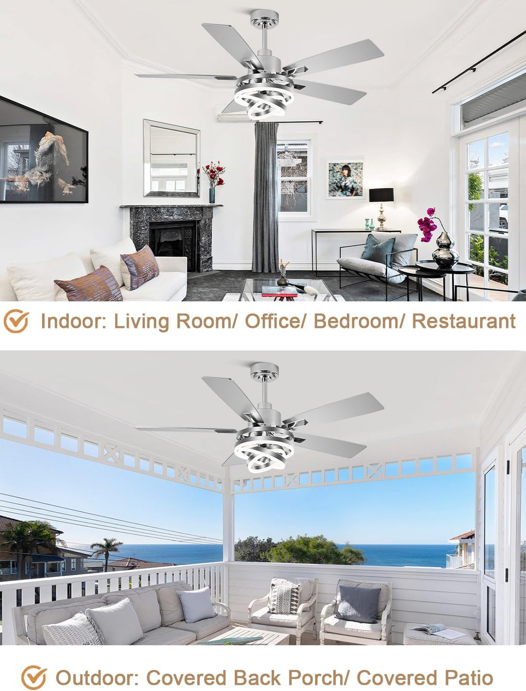 52 Inch Fandelier Ceiling Fan with Lights and Remote Modern Ceiling Fans Silver Chandelier LED Light Quiet Reversible DC Motor Dimmable 3CCT 6 Wind Speeds for Indoor Outdoor Living Room